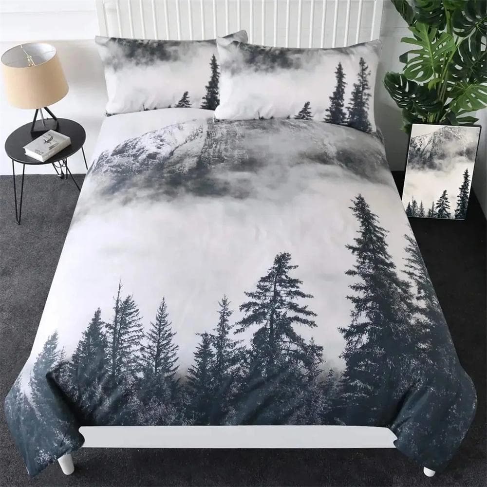 Smoky Mountain Duvet Cover Set Misty Forest Bedding Set Full Queen Size Grey Trees Natural Scenery Art Comforter Cover 155X220cm-3pcs