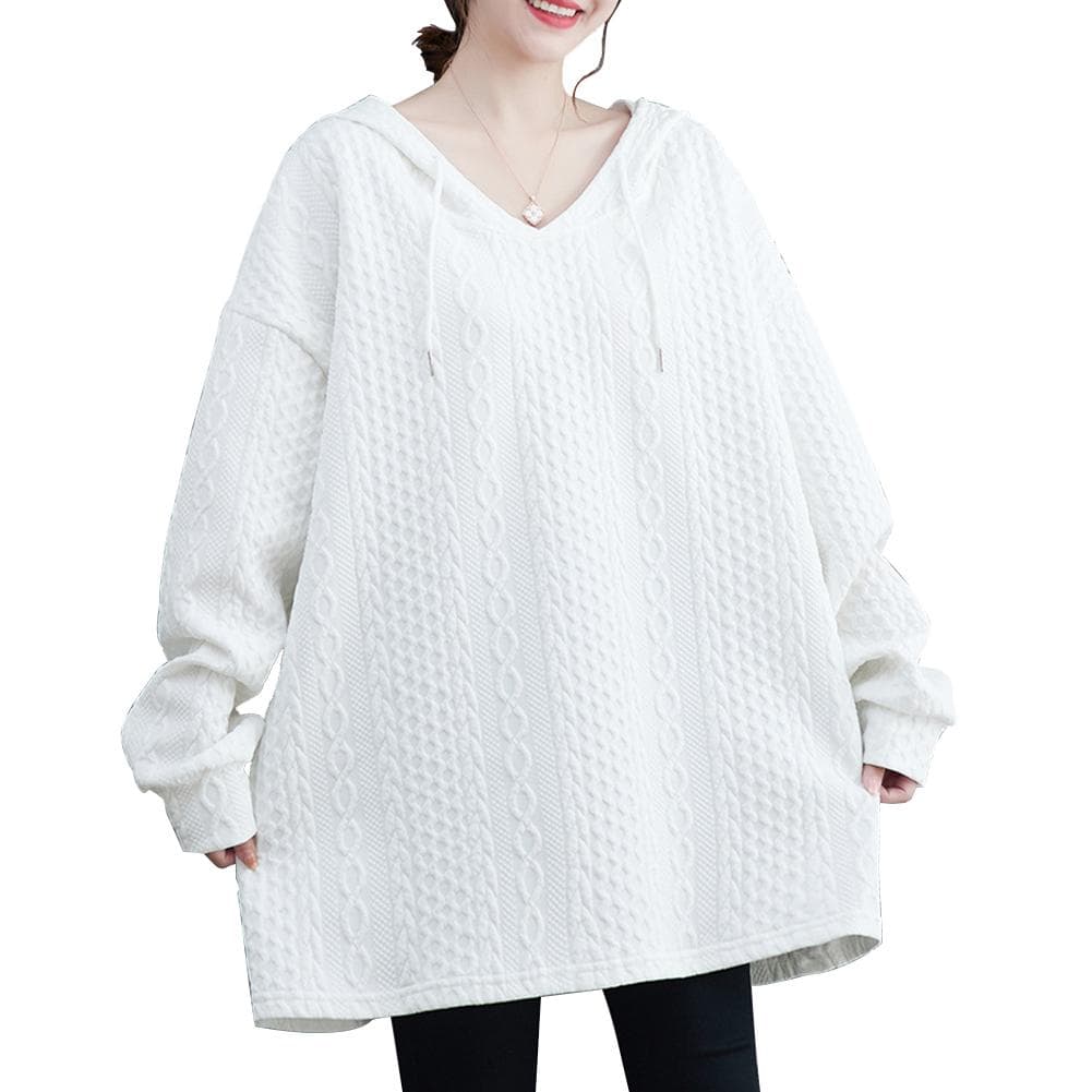 Autumn and Winter Casual Women Long Solid Plus-size Hooded Sweatshirt Raglan Sleeve Knit Sweater One Size white