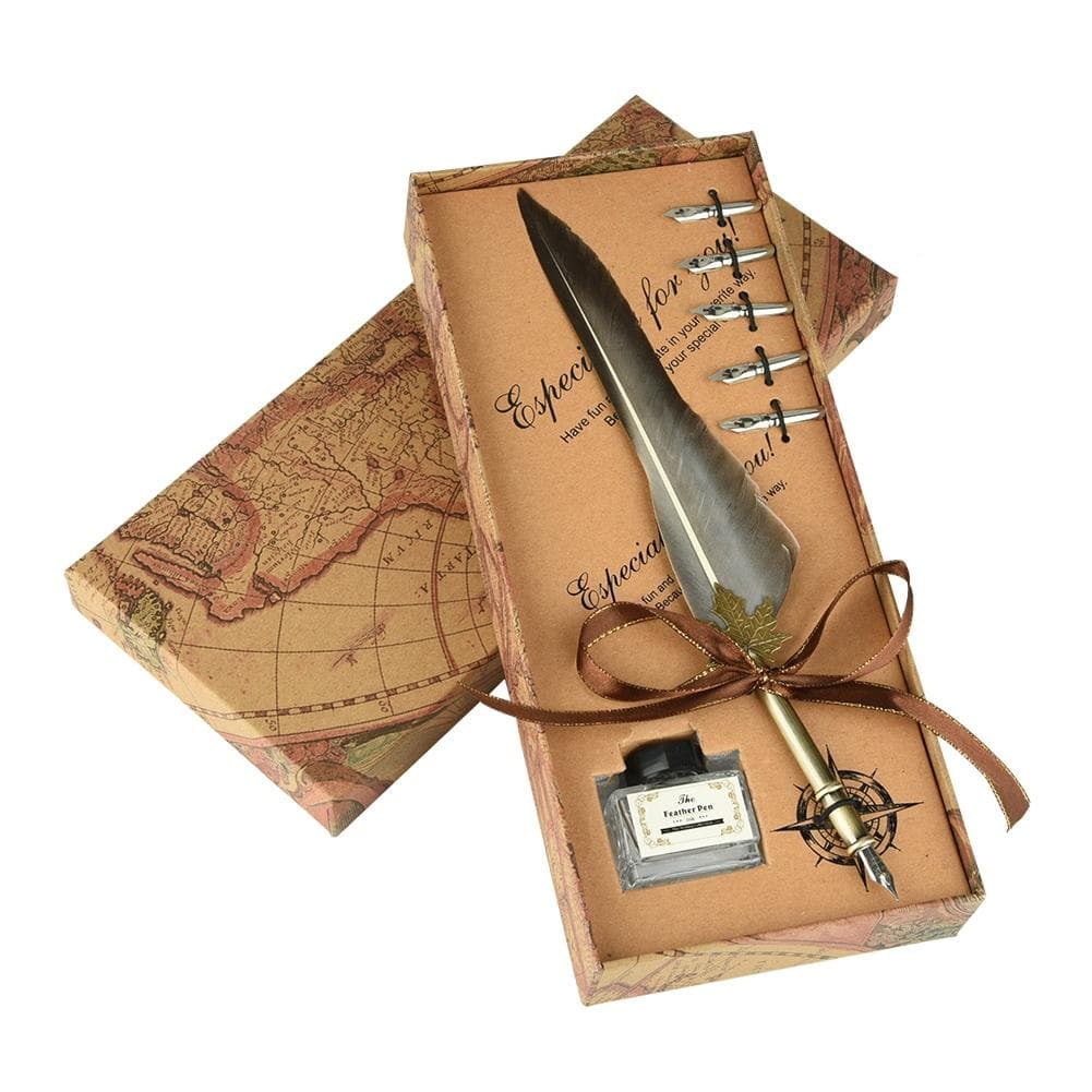 European Retro Feather Quill Alloy Pen Dip Nib Calligraphy Writing Pen Gift Set With Ink Bottle