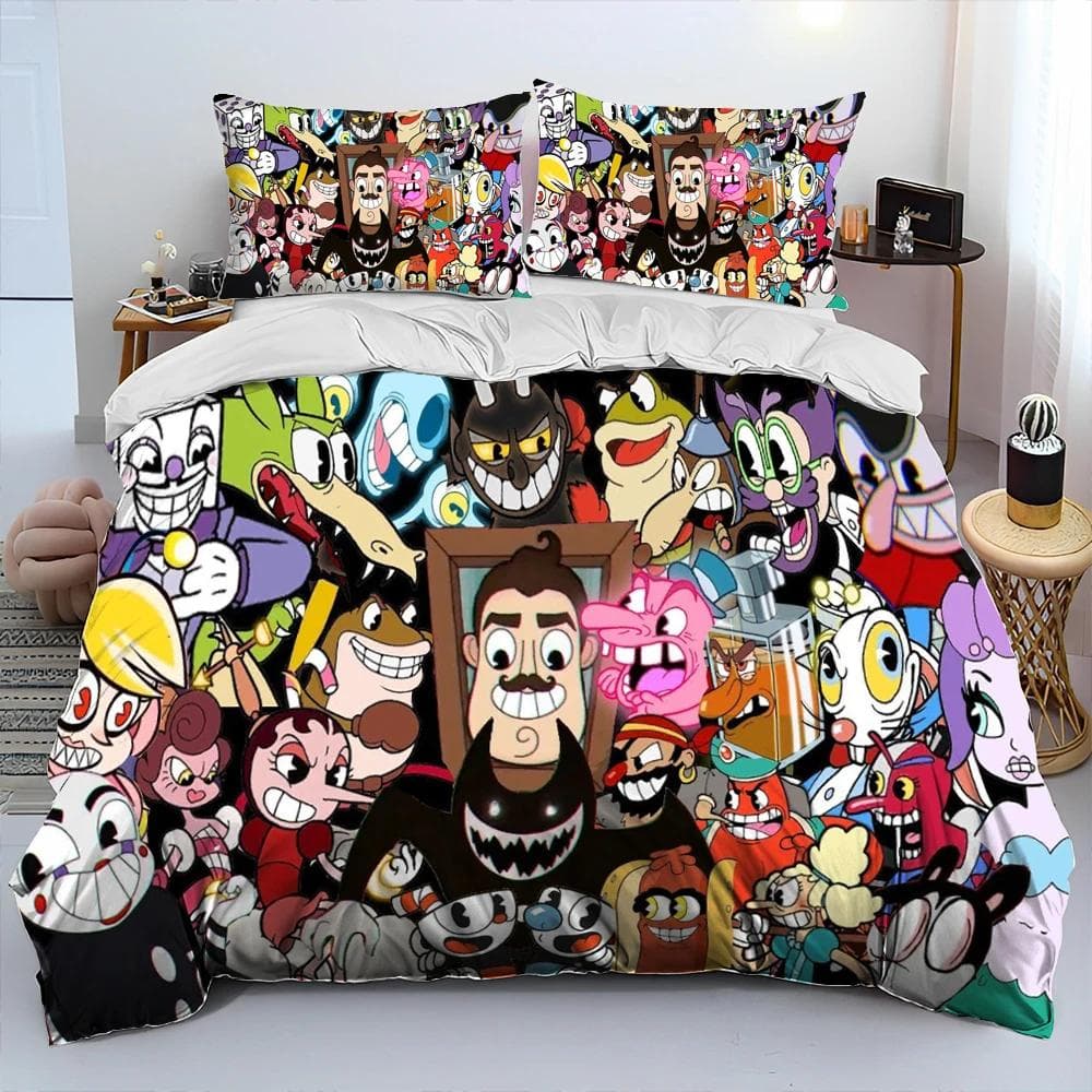 Cuphead and Mugman,Game Gamer Comforter Bedding Set,Duvet Cover Bed Set Quilt Cover Pillowcase,King Queen Size Bedding Set Boys AU Single(140x210cm)