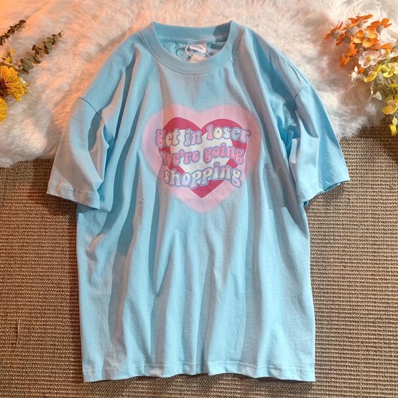 White Short-sleeved Love T-shirt for Women In Summer New Korean Loose Cotton Half-sleeved Top 2XL blue