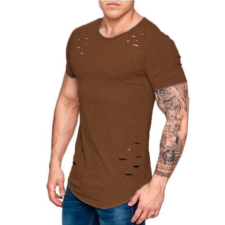 Summer T-Shirt Men Fashion Hole Distressed Fitness T Shirt Short Sleeve Solid Slim Fit Hip Hop T-shirt Yasheng L dark brown