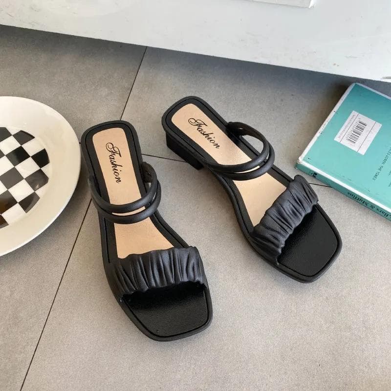 Summer Women's Sandals Large Size Dual-use Outer Wear Half Slippers Solid Color All-match Thick Low Heel Sandals 36-37 black