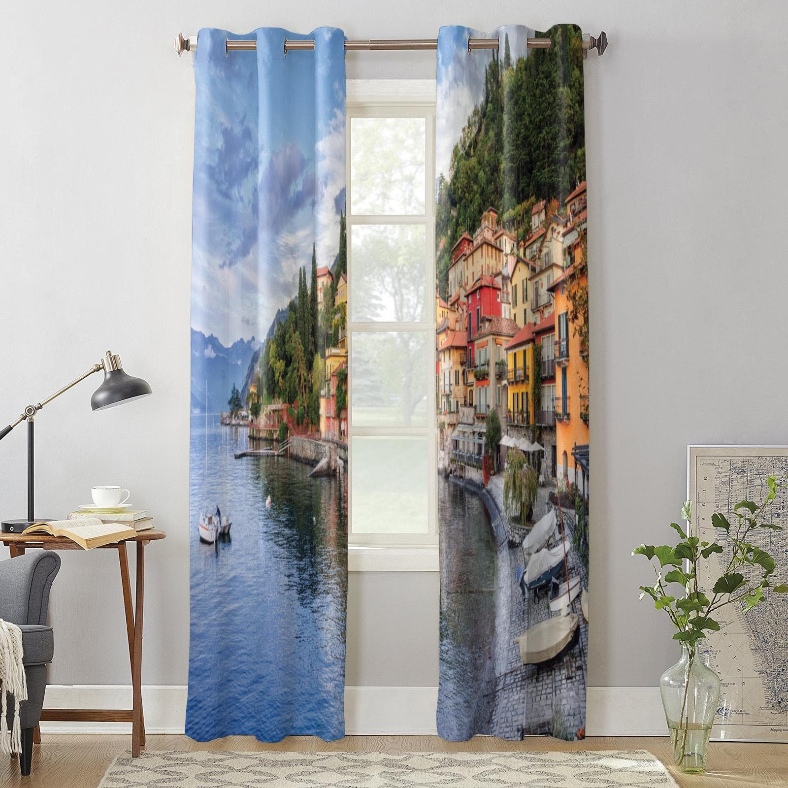 Modern Window Curtains for Living Room Lakeside Country Building Boat Curtains for Child Bedroom Kitchen Decor Blinds Drapes 135W x 60H(cm) x1