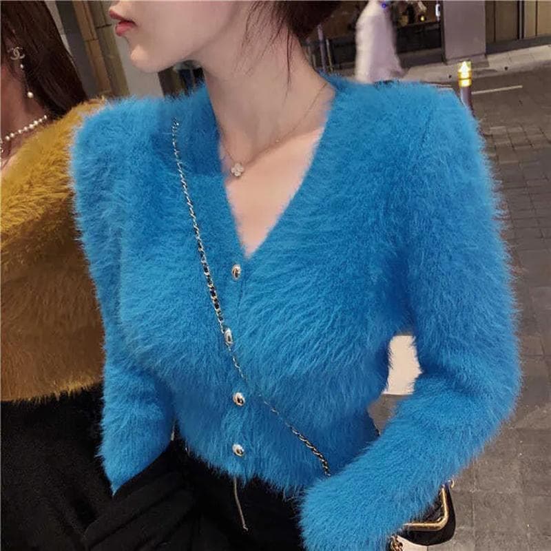 Vintage Cropped Mohair Knitted Cardigan Women V Neck Sweater Coat Streetwear Korean Black White Knitwear Solid Slim Jumpers XS blue