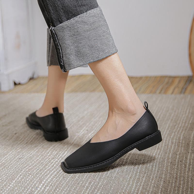 Women's Retro French Leather Loafers: Low-Heel Flats in Large Sizes 41 black