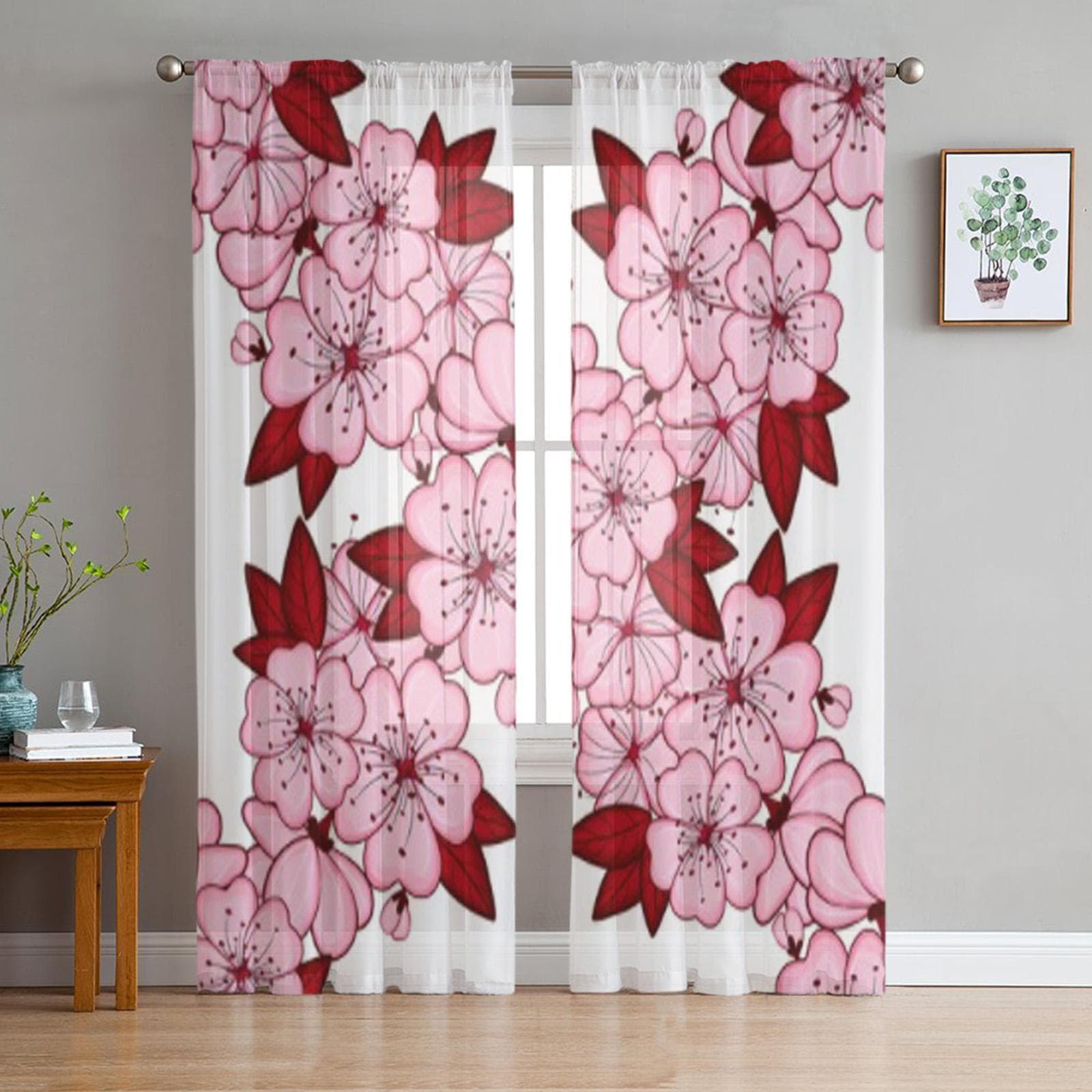 Floral Pink Tulle Sheer Window Curtains For Living Room The Bedroom Modern Chiffon Voile Organza Curtains Decor Drapes 135W x 114H(cm)