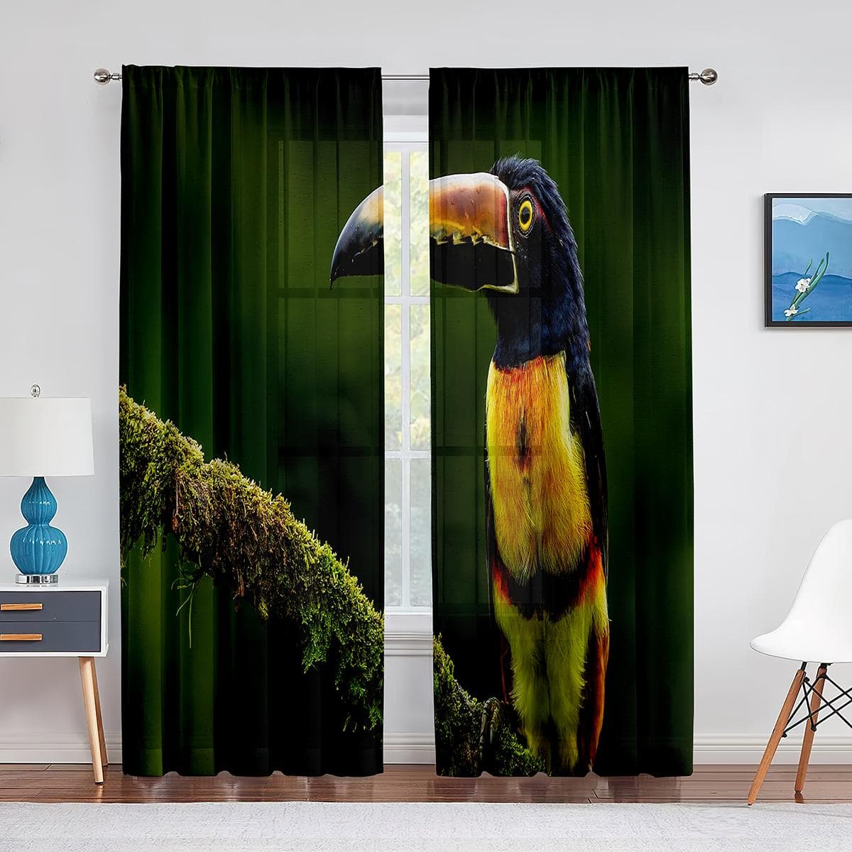 Tropical Bird Toucan Palm Tree Leaf Ocean Sheer Voile Curtains for Kitchen Living Room Bedroom Tulle Curtains Window Treatment 1 PCS W100XH250cm&Grommet Top