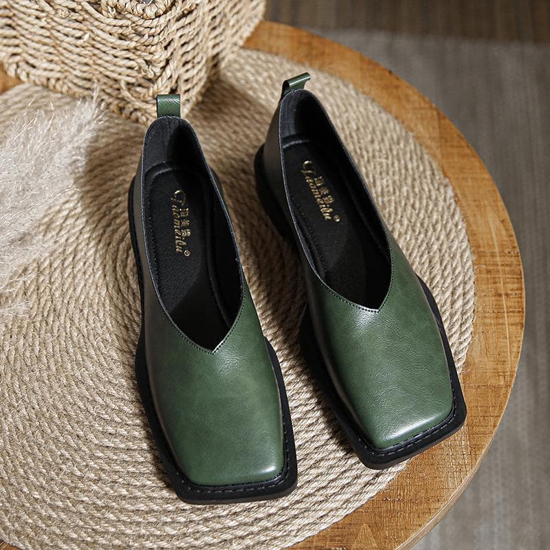 Women's Retro French Leather Loafers: Low-Heel Flats in Large Sizes 41 army green