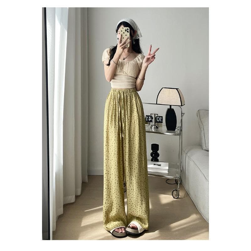 Floral Folded Ice Silk Cotton Linen Wide-leg Pants for Women In Summer High Waist Drooping Casual Loose Straight Floor Mopping Pants 2XL