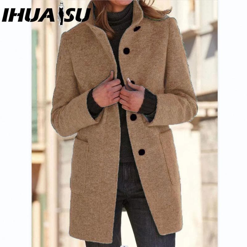 IHUASU Women's Vintage Casual lattice Print Autumn Winter Long Sleeve POLO Neck Jackets & Coats XXXXL camel