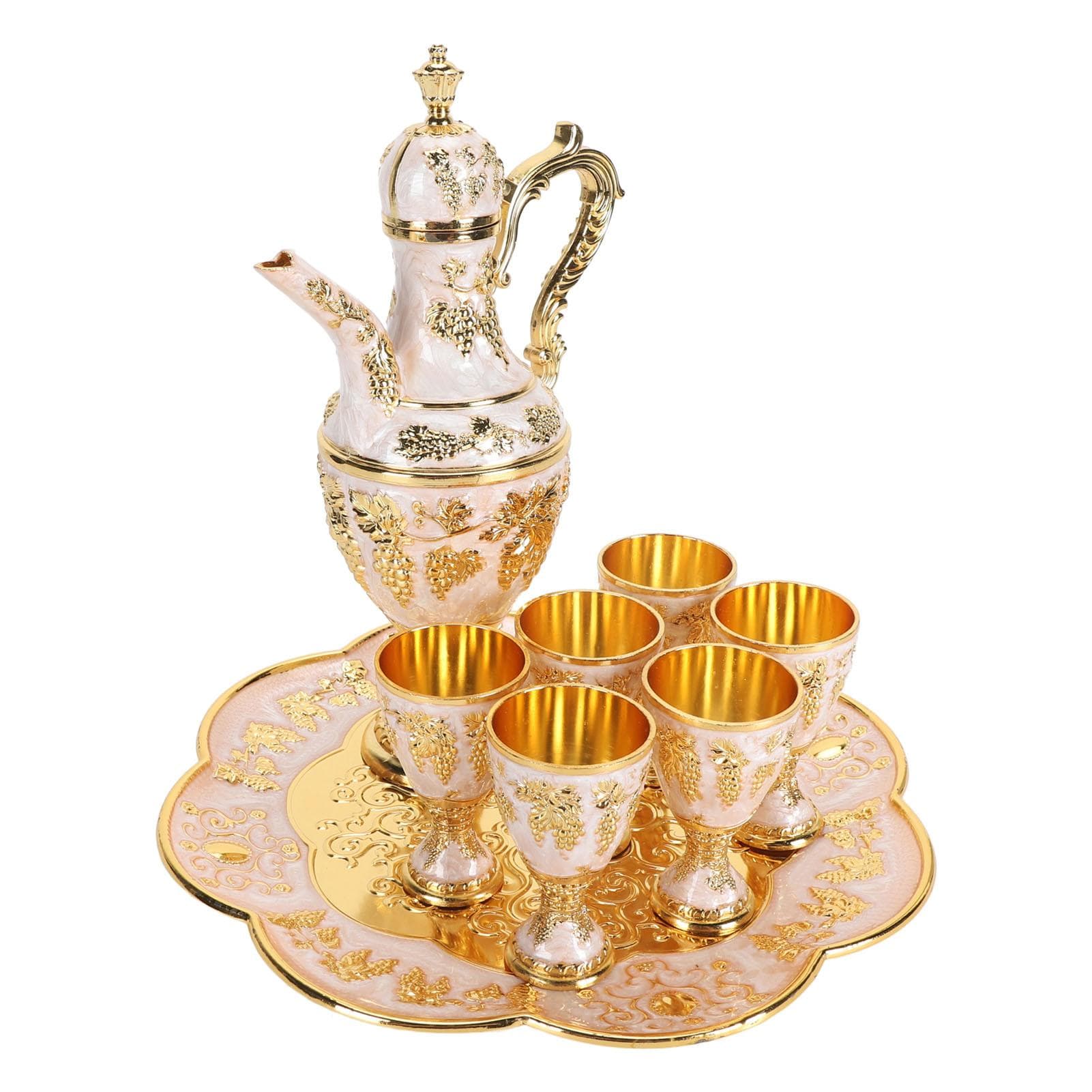 Turkish Coffee Pot Cup Set Vintage Exquisite Elegant Metal Tea Pot Set with 6 Cups for Tea Table L white