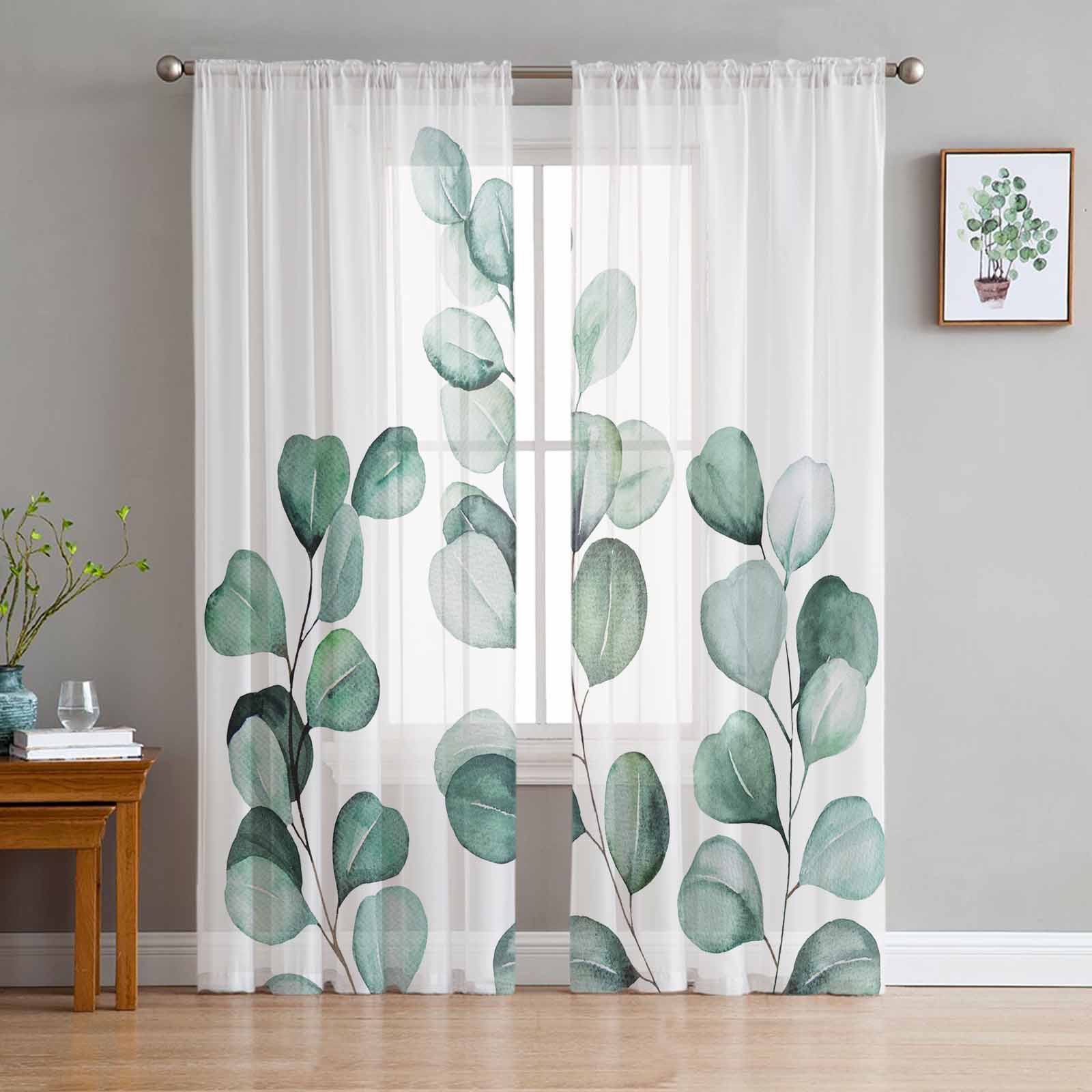 Eucalyptus Leaf Branches Tulle Window Curtains for Bedroom Luxury Home Decor Drapes in Living Room Chiffon Panels 135W x 114H(cm)