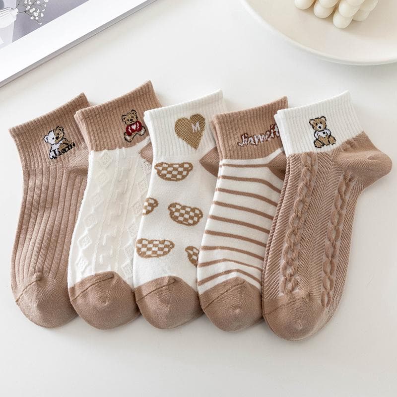 5 Pairs/Lot Socks Women's Short Ankle Low Cut No-Show Foot Cute Bear Hearts Print Cotton Breathable Set Casual Retro 5 Pairs