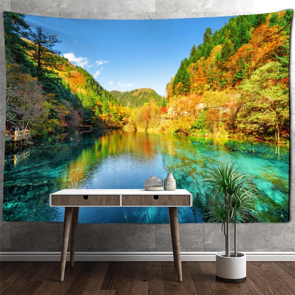 River Mountain View Tapestry Wall Hanging Nature Landscape Bohemian Hippie Bedroom Living Room Wall Decor 95x70cm