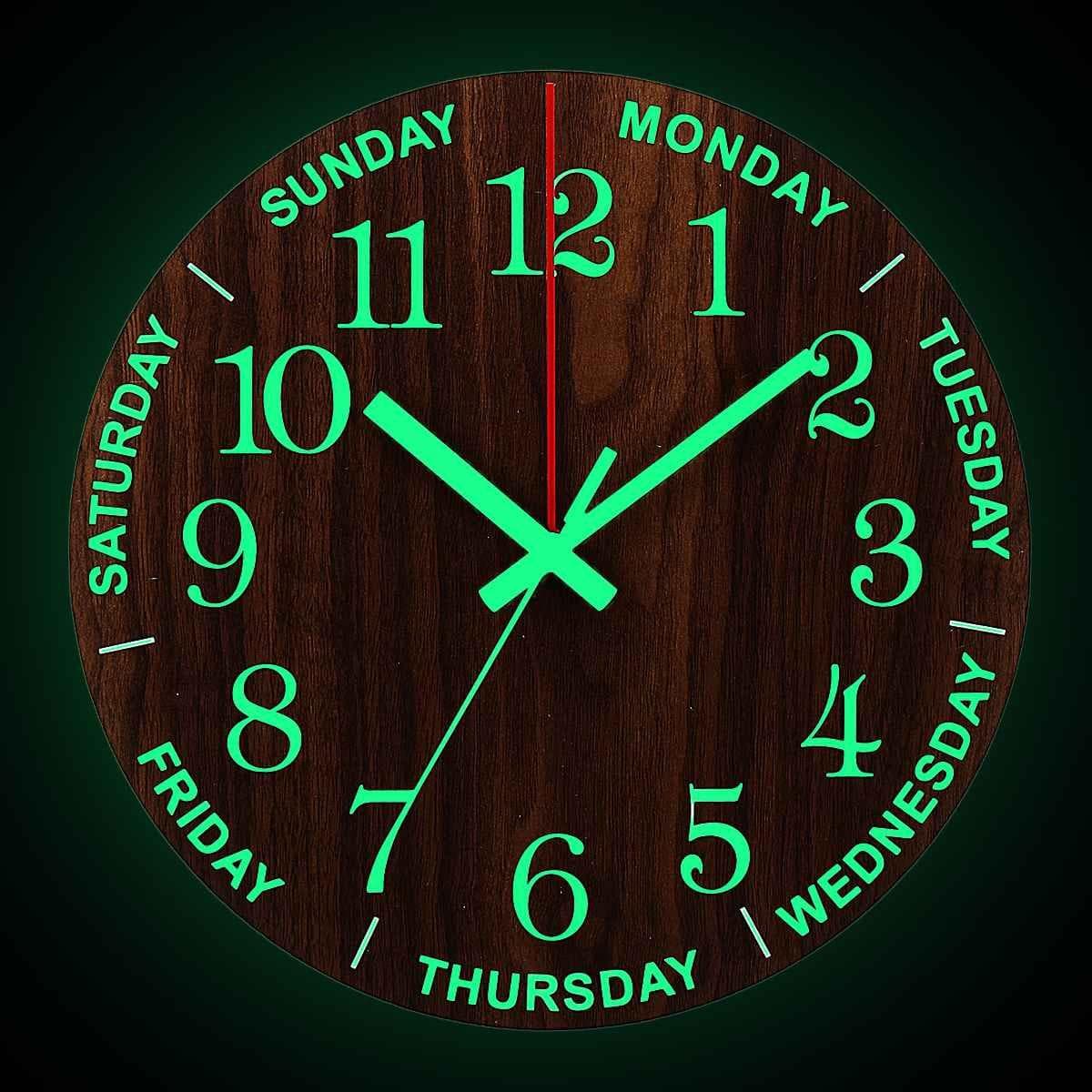 Luminous Wall Clock 12 Inch Wooden Silent Non-Ticking Kitchen Wall Clocks with Night Lights for Indoor/Outdoor Living Room. Brown