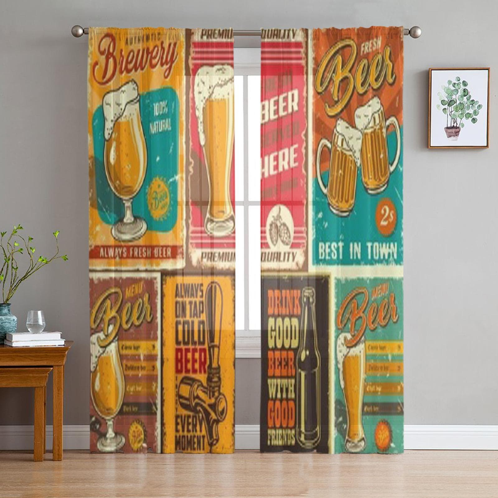Beer Poster In Vintage Style With Grunge Textures Beer Chiffon Sheer Curtains Living Room Bedroom Window Voiles Tulle Curtain 135W x 114H(cm)