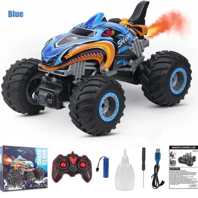 2.4GHz Remote Control Cars Monster Shark RC Car Electric Trucks Stunt Vehicle Sound Light Spray Toys for Boys Kids Children Gift blue