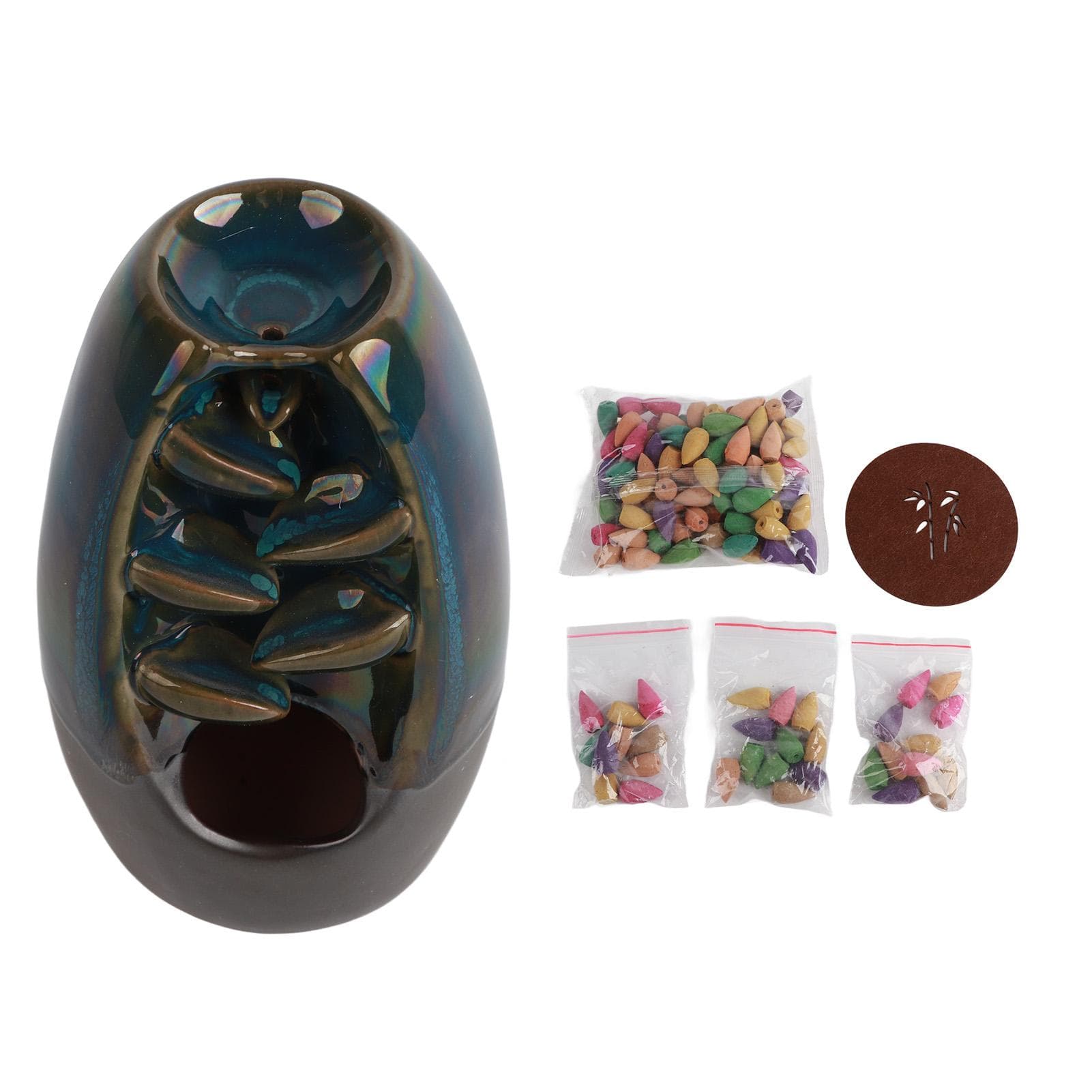 Waterfall Backflow Incense Burner Ornaments Ceramic Fountain Smoke Incense Holder with 130 Cones blue