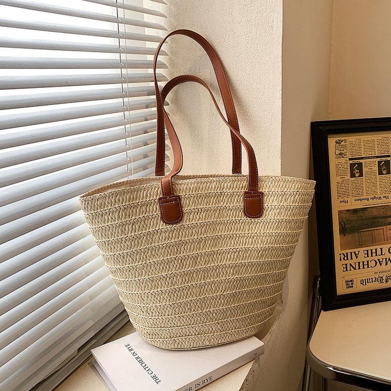 Women's Large Capacity Shoulder Bag Summer Straw Woven Basket Handbag Fashi Female Luxury Designer Beach Bag Bali Shopper Tote 23x14x29cm beige