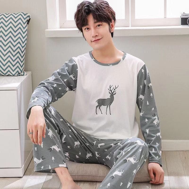 Men's Pajamas Suit Long Sleeves and Trousers Student Pajamas Home Clothes Cartoon O-neck Striped Pajamas Home Clothes 2XL