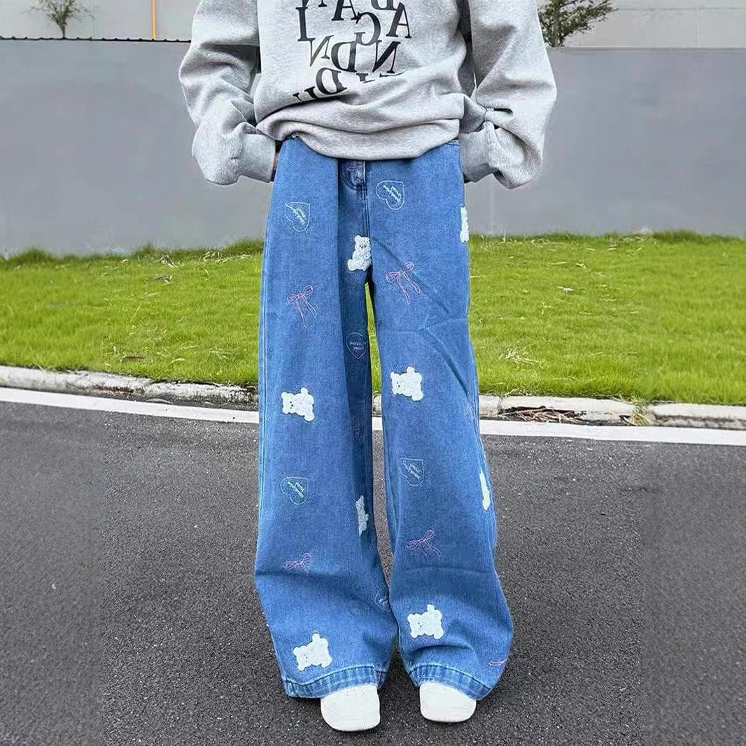 Retro Bear Patch Embroidered Wide-leg Jeans for Women In Autumn and Winter New Style Loose Slim Straight Floor Trousers 4XL blue