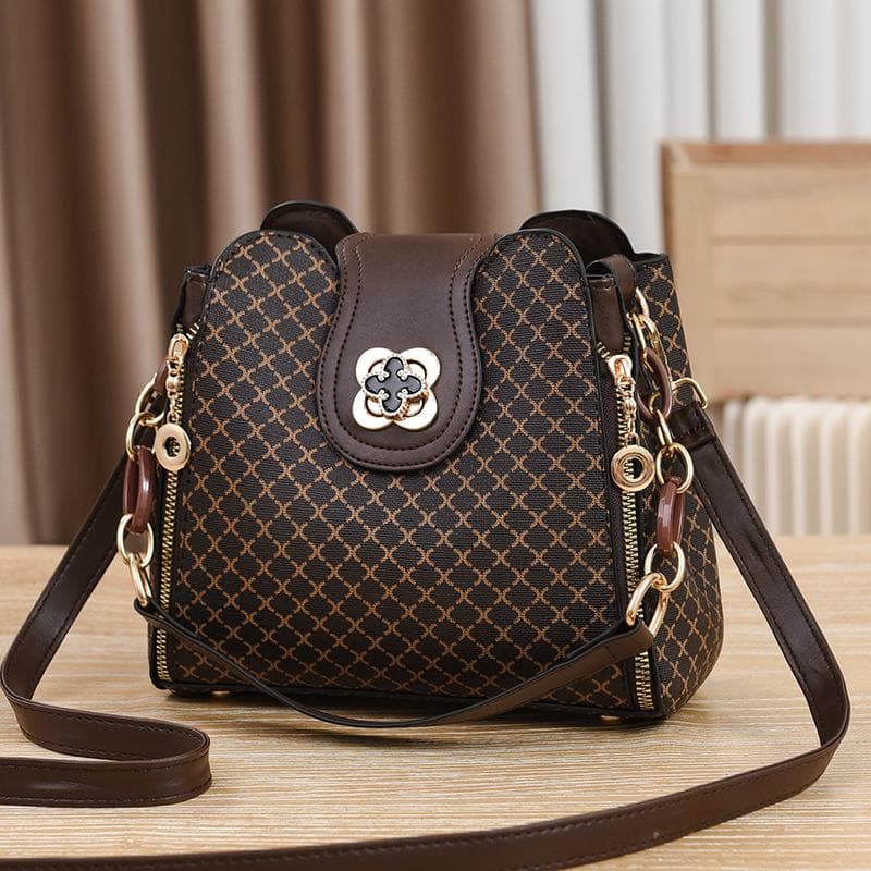 New Women Handbag Bag Luxury Design Bucket Shoulder Crossbody Bag Flip Check Print Large Capacity Single Shoulder Straddle Bag 23x11x19cm coffee