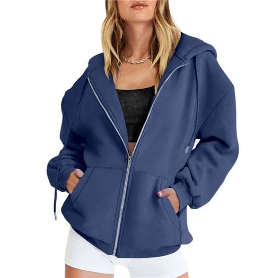 Women Zip Up Hoodies Long Sleeve Oversized Sweatshirt Fall Fleece Jackets with Pockets Casual Workout Outfits 2XL navy blue