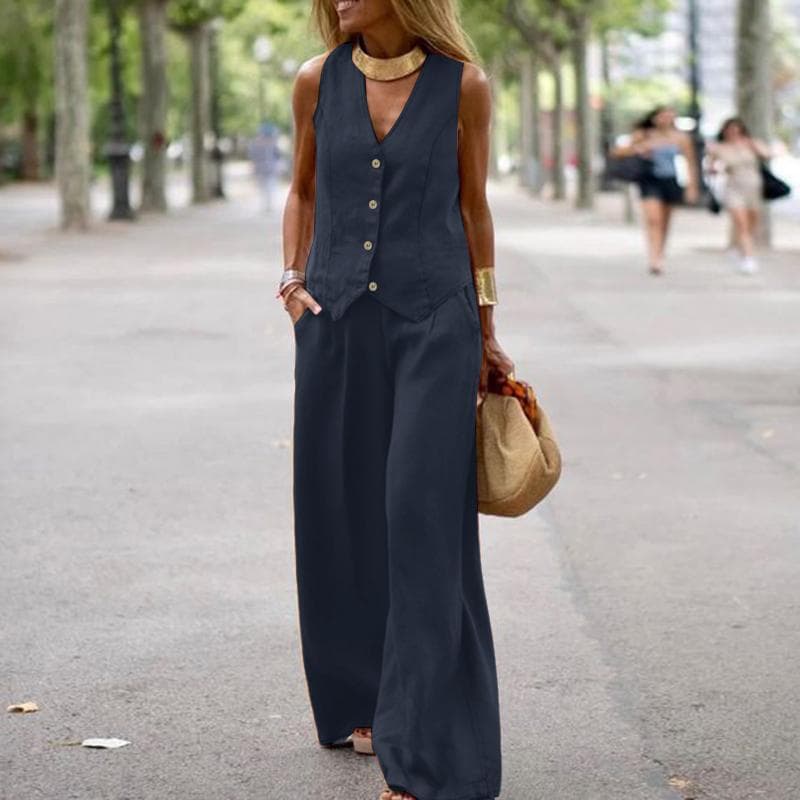 ZANZEA Women Sleeveless Vest Tops and Pants Summer Two Piece Suit Sets S Dark blue