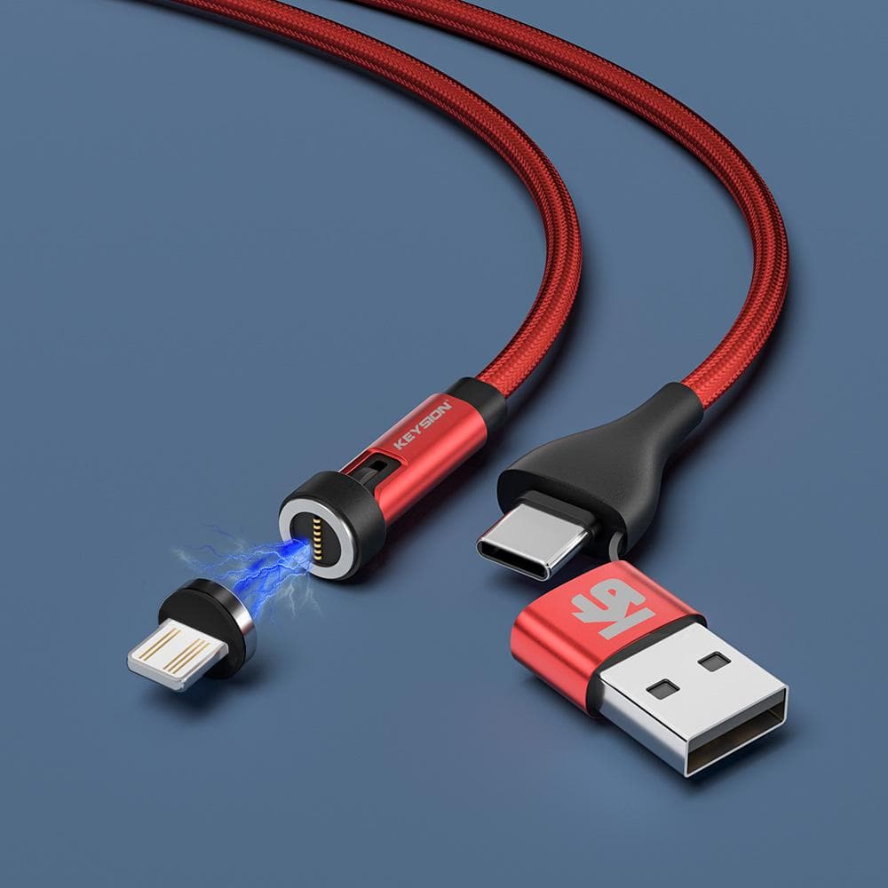 KEYSION 540 Rotate 5A Magnetic Cable Fast Charging Mobile Phone Magnet Wire Cord Micro USB Type C to USB-A Cable for iPhone Samsung Xiaomi (1M) for IOS 3A red