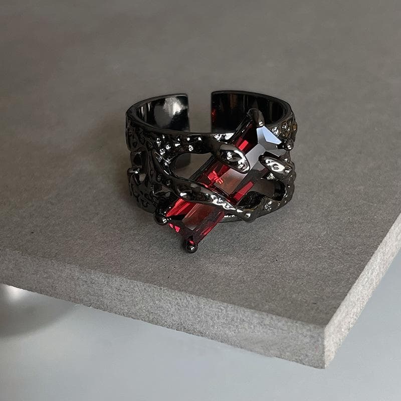 Punk Black Rings Thorns Red Zircon Hollow-out Finger Ring Couple Women Men Opening Ring Jewelry Gift black