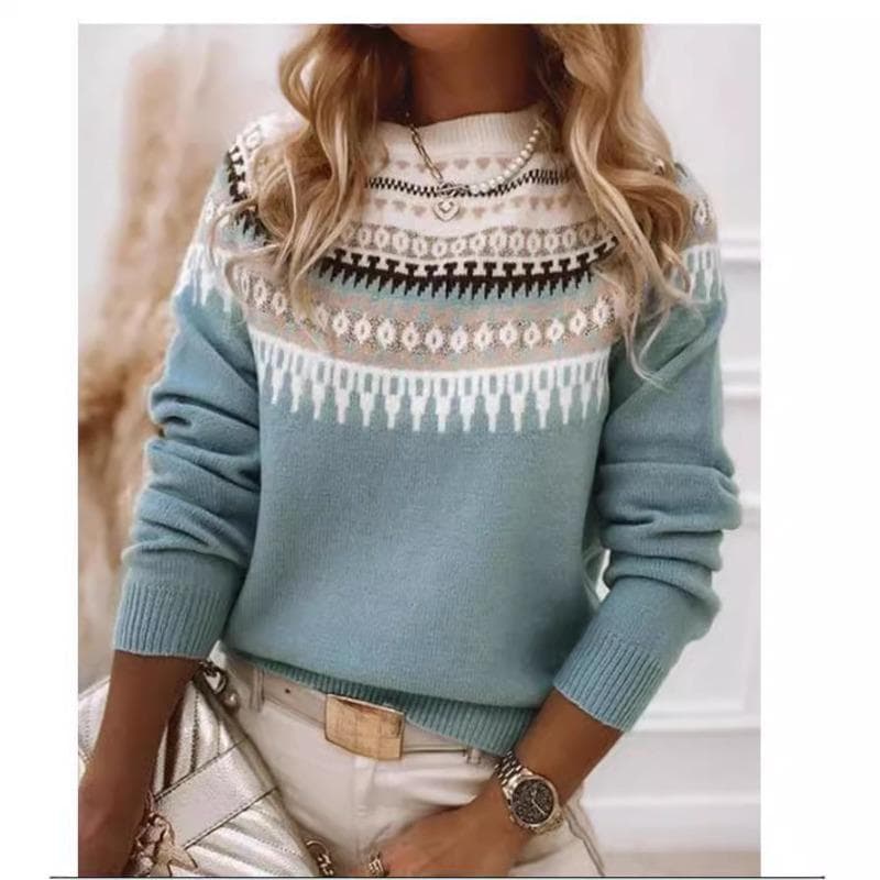 YYFS Women's Fashion Casual Fall Winter Long Sleeve O-Neck Sweaters XL sea blue