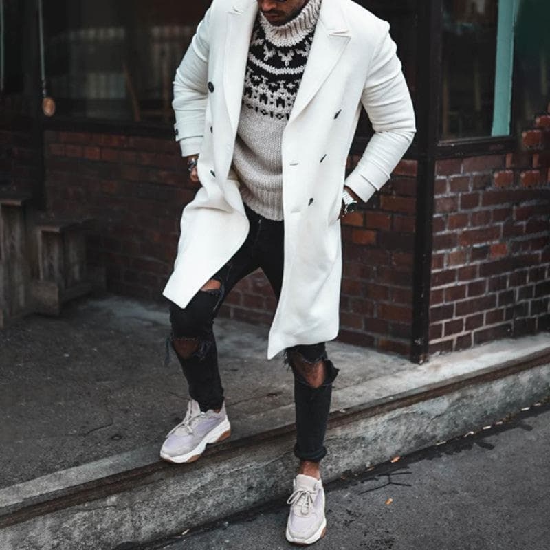 Autumn and Winter Woolen Coat Men's Woolen Double-breasted Thickened Coat S white