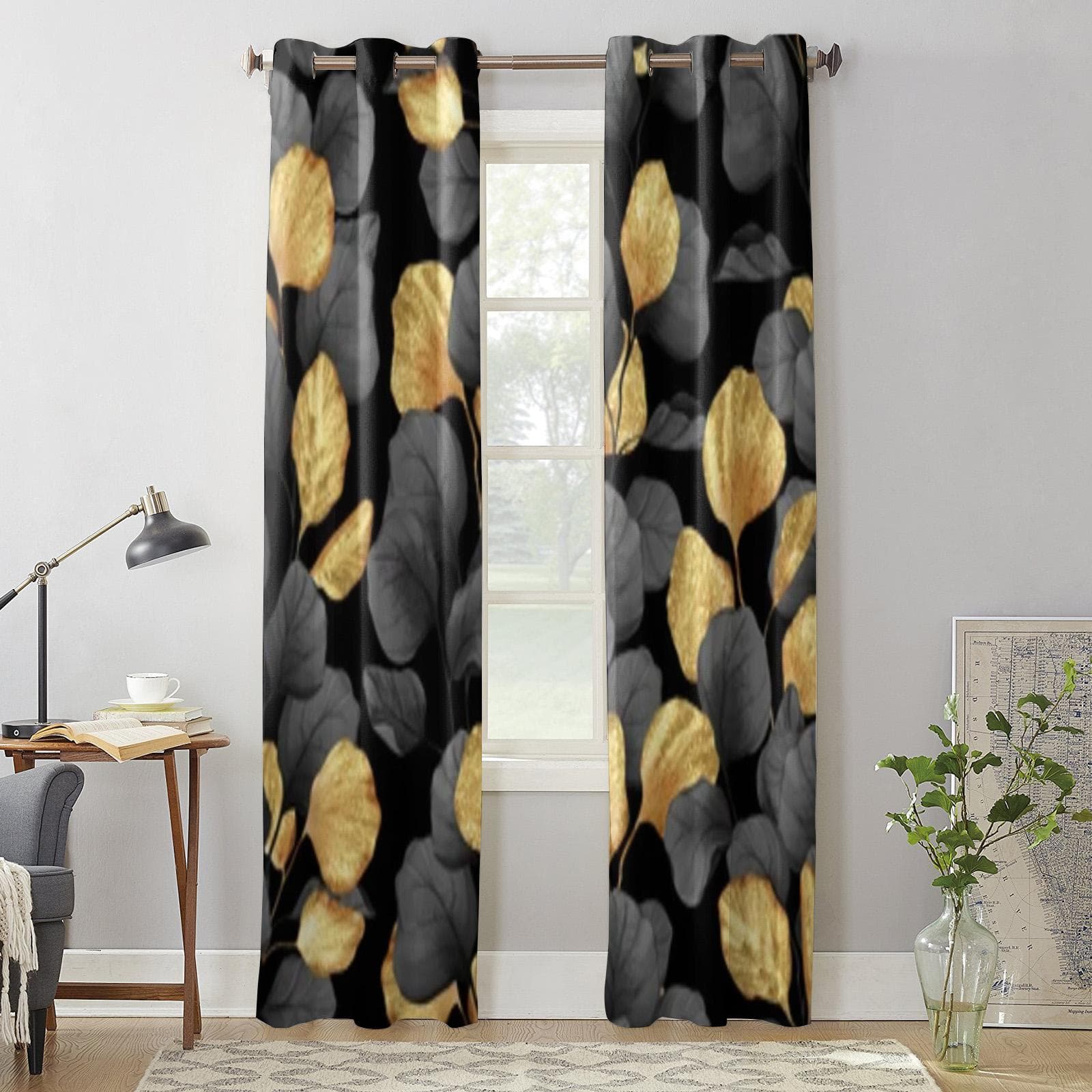 Black And Gold Leaves Window Curtains For Living Room Kitchen Modern Curtains Home Decor Blinds Drapes 135W x 60H(cm) x1