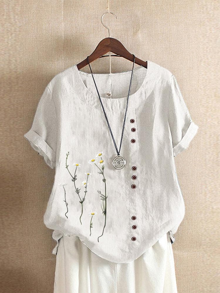 Cotton and Linen Printed T Shirt Tops Women's Summer Loose T Shirt Shirts XS white