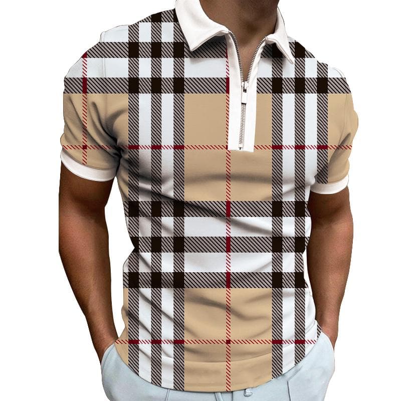 Men's Plaid Striped Print Business Casual Breathable Stretch Short Sleeve Zipper POLO Shirt XL khaki