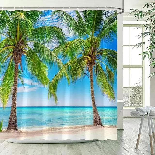 Ocean Landscape Shower Curtain Beach Palm Trees Parrots Dolphins Sea Waves Nature Scenery Bath Curtains Fabric Bathroom Decor W150xH180cm