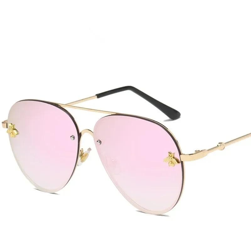 Fashion Rimless Metal Frame Bee Sunglasses Vintage Round Oversized Mirror Sun Glasses UV400 for Women Men
