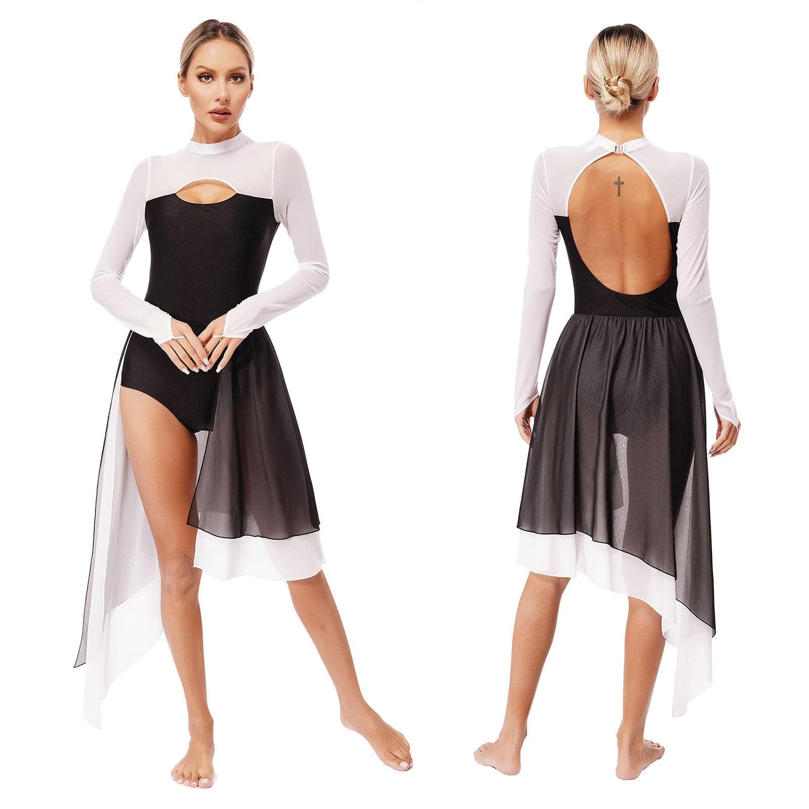 Women Cutout Long Sleeve Lyrical Dance Dress Irregular Tulle Dance Costume Dancewear XL white