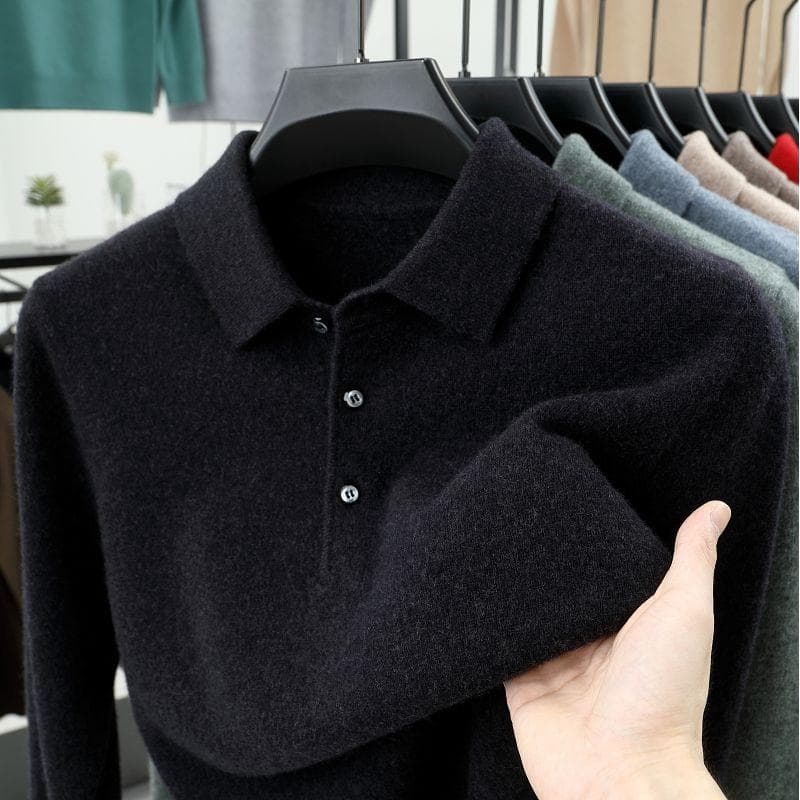 Smart Casual Autumn Winter Sweater Men Solid Lapel Button Simplicity Fashion Luxury Long Sleeve Pullovers Knitted Tops XL black