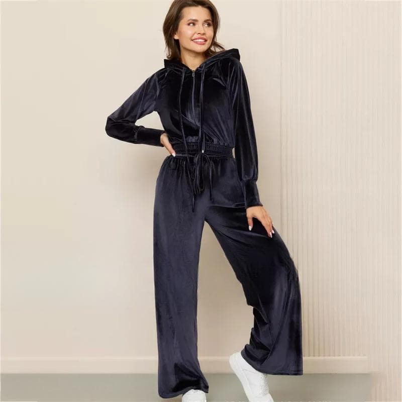 Casual Pajama Pants Set Autumn and Winter Goose Velvet Women's 2 Piece Pajama Set Lounge Wear Zipper Open Velvet Hooded Lounge Wear S