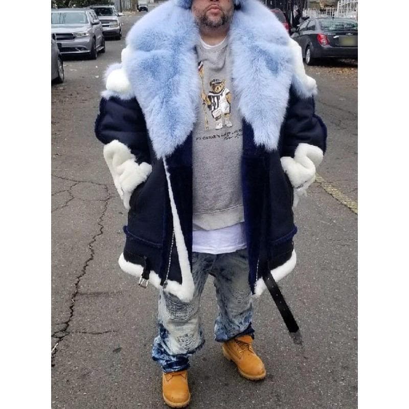 Men's Long Contrasting Color Splicing Big Fur Collar Men's Jacket XXXXL blue