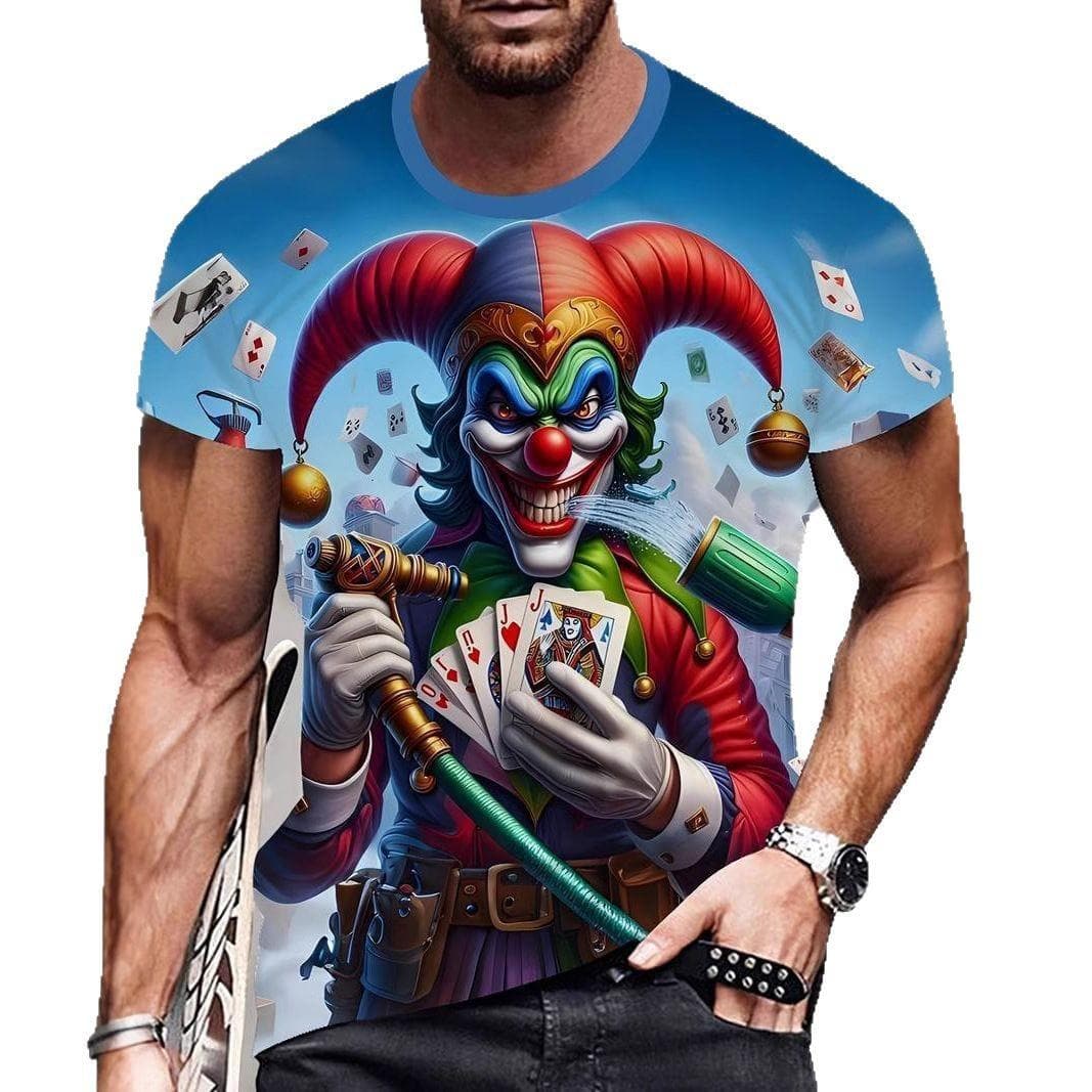 Summer Round Neck 3D Clown Print Top Fashionable Casual Short Sleeved Men's T-shirts XS
