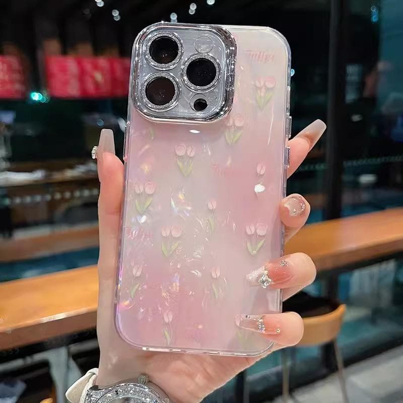 Tulip Flowers Suitable for IPhone 16 Mobile Phone Case Flash Powder Lens Bracket Apple 15 ProMax Anti-fall Cover 14 iPhone13proMax