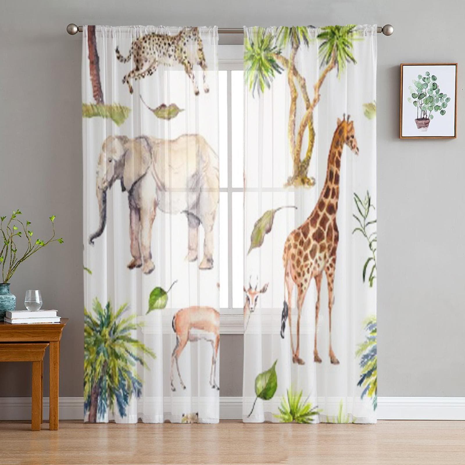 Watercolor Wild Animals Sheer Curtains for Living Room Transparent Tulle Window Curtain Bedroom Kitchen Home Decor Veil Drapes 135W x 114H(cm)