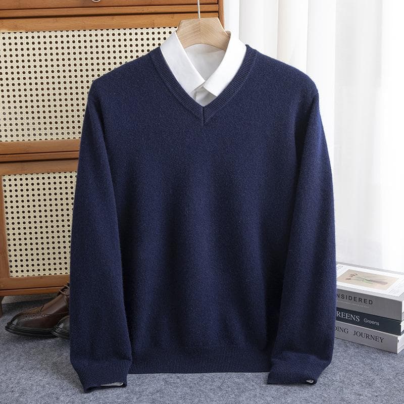 Men Merino Wool Sweater V-Neck Pullover Autumn Winter Cashmere Warm Solid Knitwear Clothes Business Bottoming Soft Tops L