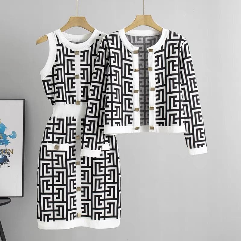 Spring Autumn Brand Designer Print Runway Outfits Women Knitted Sweater Short Sheath Dress and Single Breasted Jacket Coat Two Piece Set One Size white