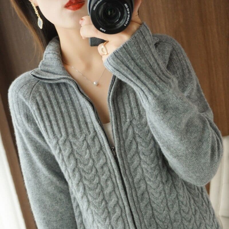 Cardigan Zipper Jacket Women's New Temperament Warm Long Sleeve Loose Sweater Autumn and Winter L gray