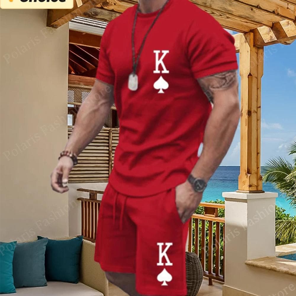 Summer Solid Color K Print Tracksuit Men Beach Short Sleeve T Shirt Set Casual 2 Piece Outfits Male Sportwear Clothes For Man XL