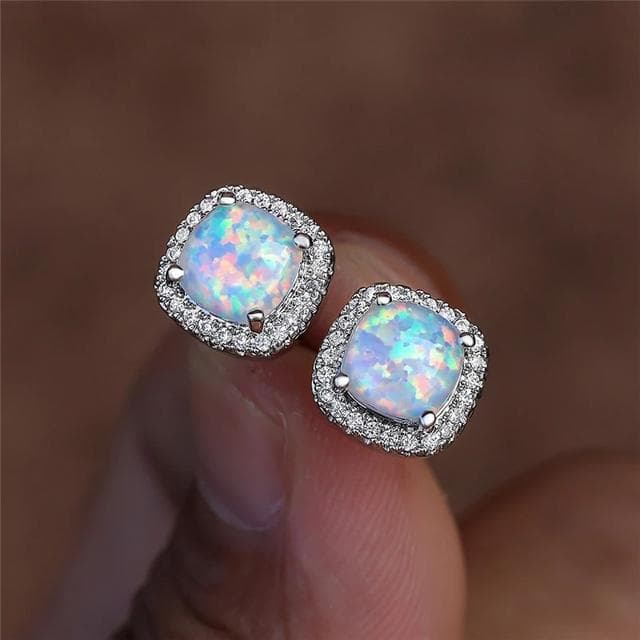 White Fire Opal Square Stone Screw Back Earrings for Women Vintage Fashion Jewelry Charming Multicolor Birthstone Stud Earrings silver